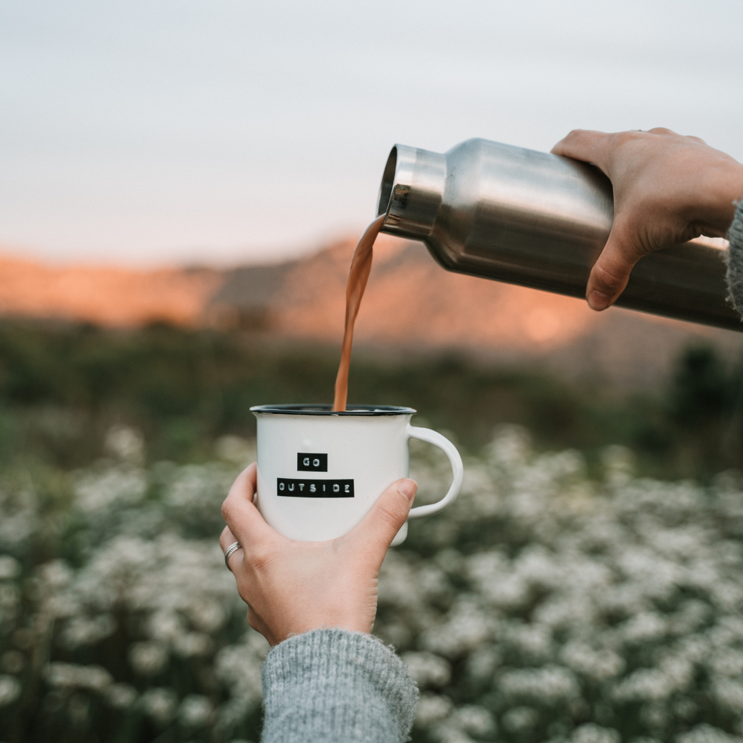 camping with a delter coffee press and comandante hand grinder