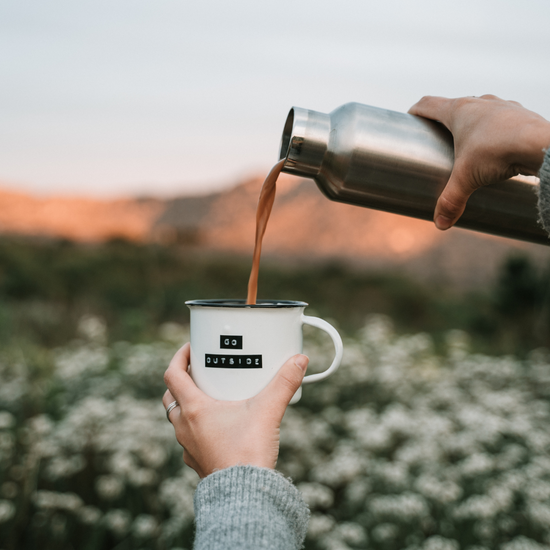 camping with a delter coffee press and comandante hand grinder